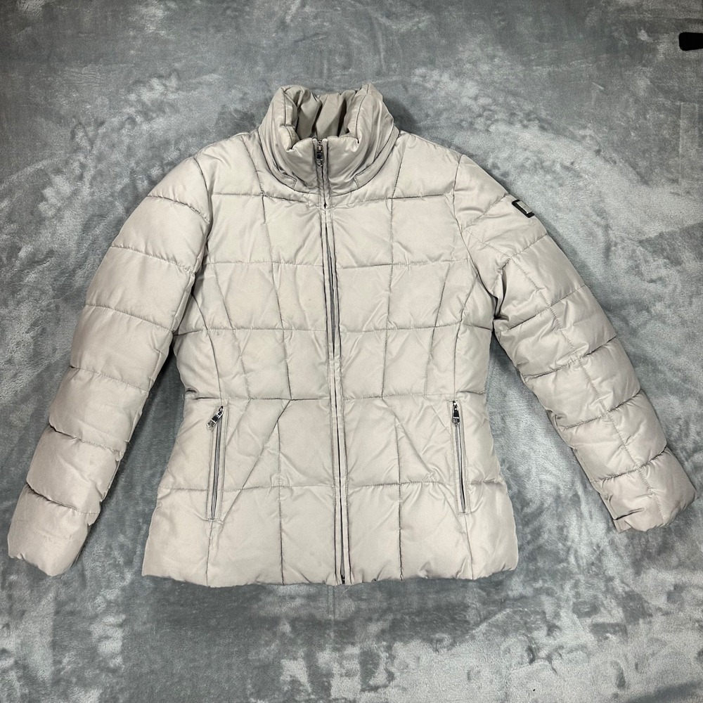 Calvin Klein Womens Puffer Jacket Taupe Gray Fleece Lined Quilted CWJ05100 M